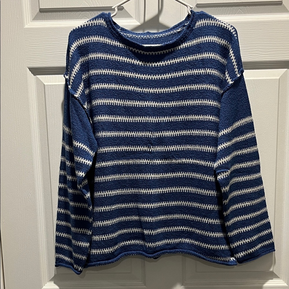 Classic Blue and White Striped Crew Neck Sweater